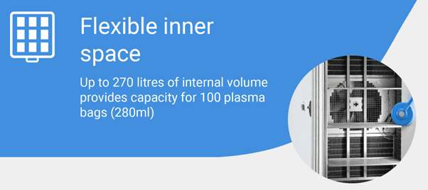 Froilabo Blast Freezer interior: Capacity for 100 plasma bags.